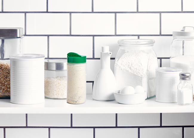 pantry with white subway tile