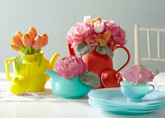 Tea Party Flower Arrangements in Tea Pots